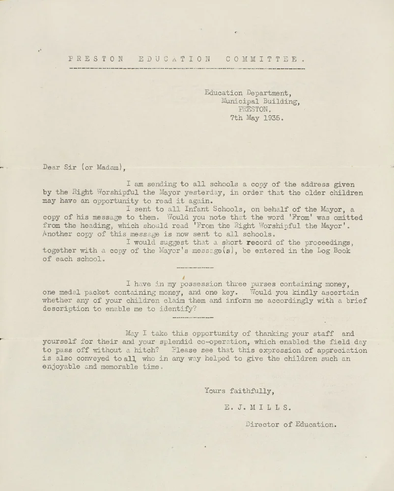 Letter to schools circulating the Mayor's Jubilee address, requesting lost property be identified, and thanking staff for the field day.
