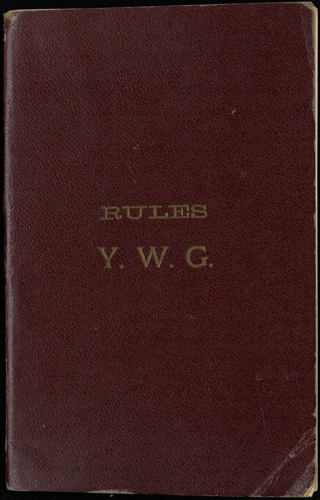 Maroon leather-bound guild booklet cover embossed in gold with "Rules Y.W.G."