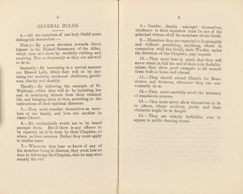 Printed pages listing General Rules 4–14 of the Guild, covering devotion, conduct, obedience, and behaviour expected of members.