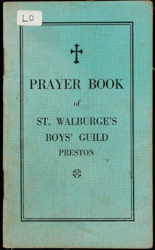 Green booklet cover with cross motif, titled "Prayer Book of St. Walburge's Boys' Guild, Preston."