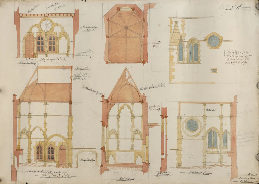 Sheet of watercolour architectural sketches for St Walburge's showing multiple elevations and sections, including a chapel, sacristy, apse and rose window, with the architect's handwritten notes throughout, numbered "No. 16."