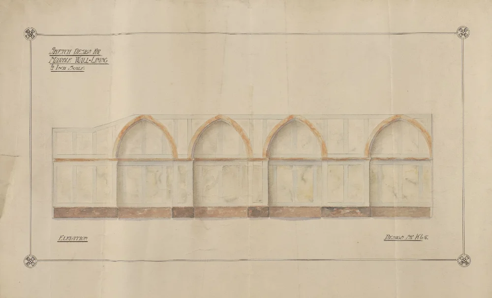 Architect's watercolour elevation drawing for a marble wall-lining at St Walburge's, four arched panels with coloured marble bands, titled "Sketch Design for Marble Wall-Lining" and numbered "Design No. W65."