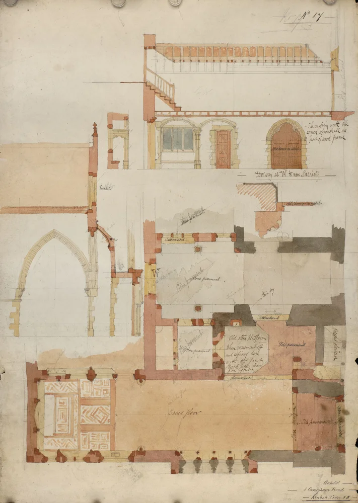 Sheet of watercolour architectural sketches for St Walburge's showing a floor plan with paving detail and an elevation with a staircase and gallery, with the architect's handwritten notes, numbered "No. 17."