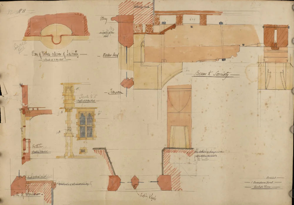 Sheet of watercolour architectural sketches for St Walburge's sacristy, including a window sill, roof beam, and moulding details, with the architect's handwritten notes, numbered "No. 11."
