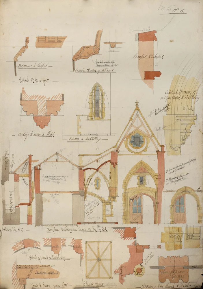 Sheet of watercolour architectural sketches for St Walburge's showing mouldings, a chapel section, and a small rose window over an arched doorway, with the architect's handwritten notes, numbered "No. 15."