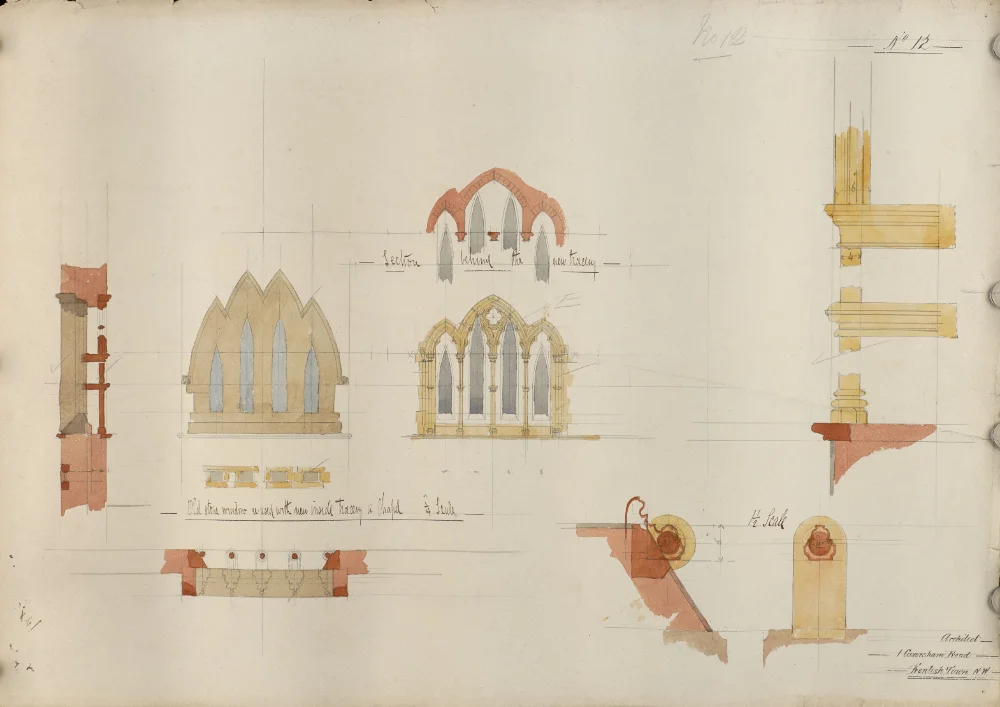 Sheet of watercolour architectural sketches for St Walburge's showing a window design with new tracery, moulding profiles and decorative details, with the architect's handwritten notes, numbered "No. 12."