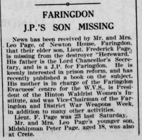 Newspaper cutting reporting Lieut. Frederick Page missing from the destroyer Hereward after Crete, his younger brother Peter also having been in the battle.