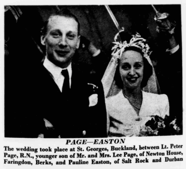 Newspaper wedding photograph of Lt. Peter Page, R.N., Frederick's younger brother, who was also present at the Battle of Crete, marrying Pauline Easton at St George's, Buckland.