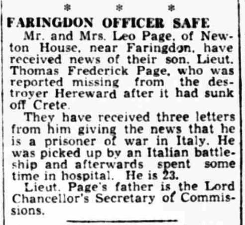 Newspaper cutting bringing relief for the Page family. Frederick had been picked up by an Italian ship and was alive as a prisoner of war.